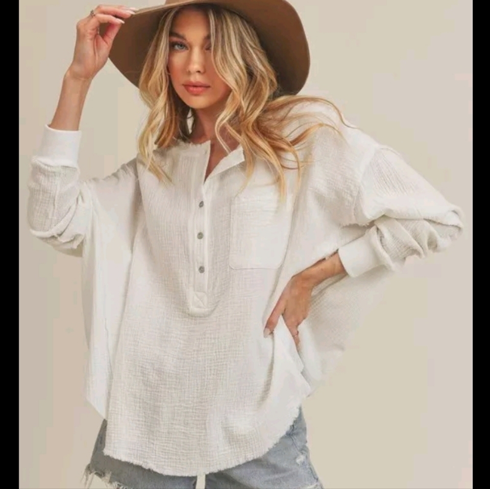 Free People White Gauz Button-Up Long Sleeve Palo Santo Top Oversized